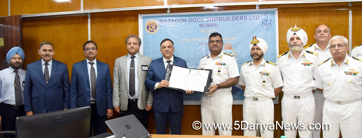The CMD, Mazagon Dock Shipbuilders Limited, Cmde. Rakesh Anand and the Chief of Staff Officer (Tech), Western Naval Command, RAdm. B. Sivakumar signed the Acceptance Document for KHANDERI, the second Scorpene Submarine of Project 75, in Mumbai on September 19, 2019.