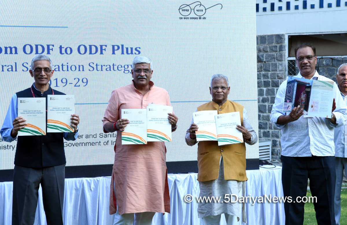 The Union Minister for Jal Shakti, Shri Gajendra Singh Shekhawat launching the Rural Sanitation Strategy (2019-2029), in New Delhi on September 27, 2019. The Minister of State for Jal Shakti and Social Justice & Empowerment, Shri Rattan Lal Kataria and the Secretary, Ministry of Drinking Water and Sanitation, Shri Parameswaran Iyer are also seen.