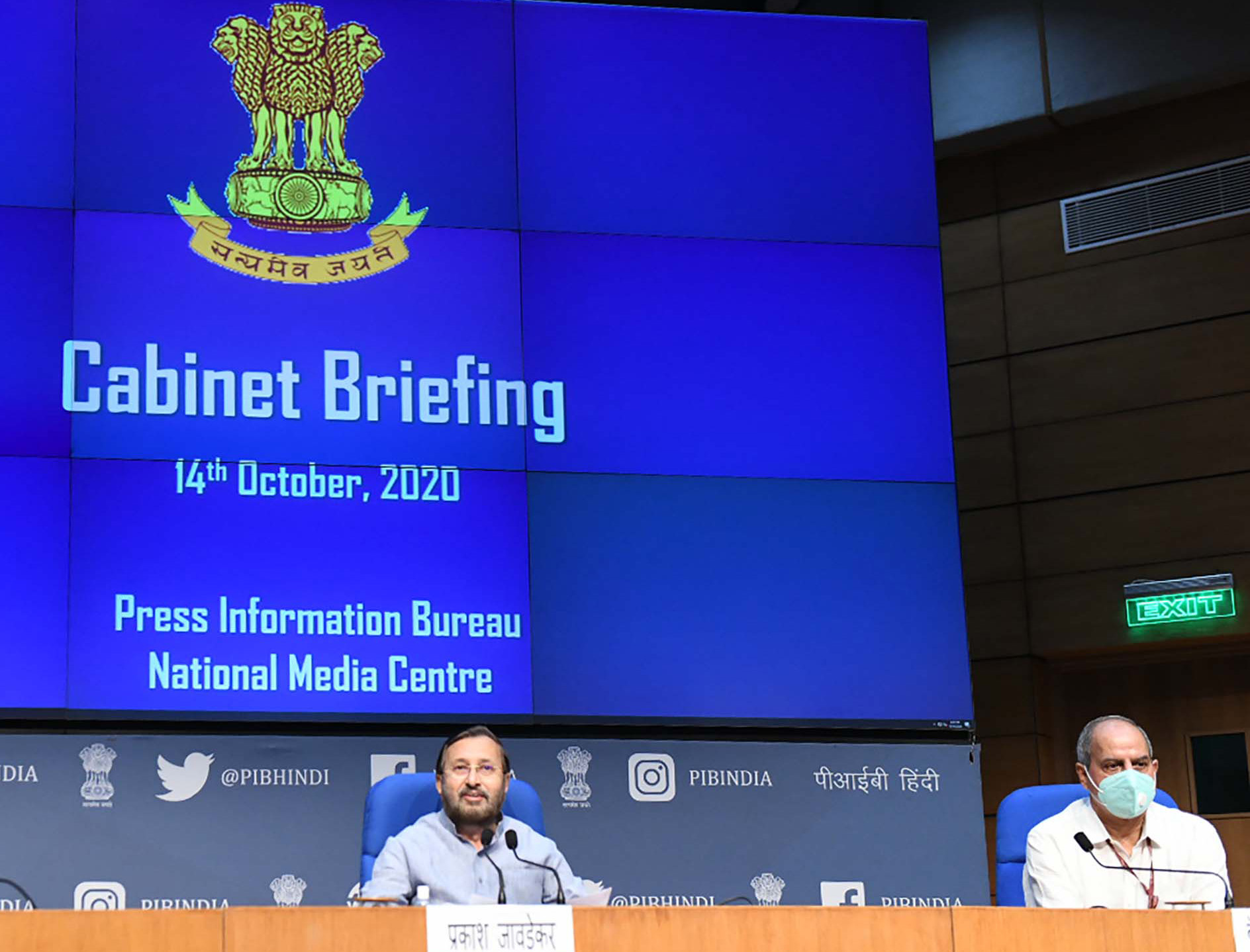 Prakash Javadekar holding a press conference on Cabinet Decisions, in New Delhi on October 14, 2020. The Principal Director General (M&C), Press Information Bureau, Shri K.S. Dhatwalia is also seen.
