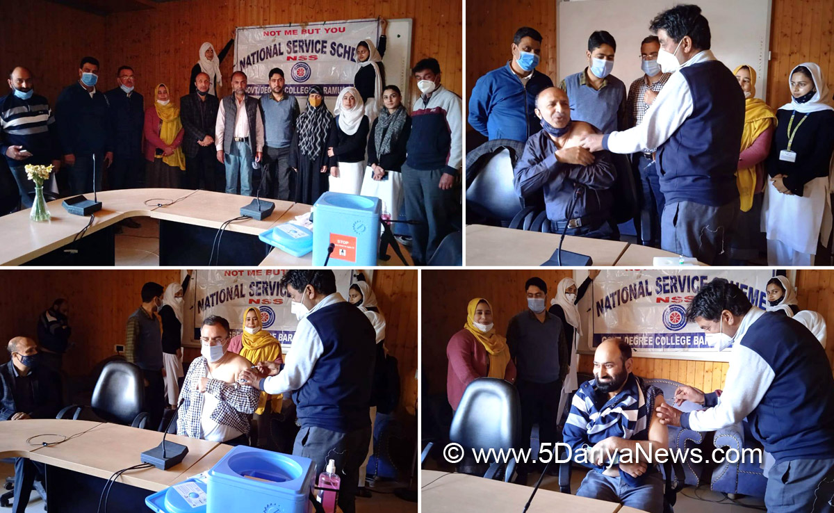 The NSS Units of Government Degree College Baramulla facilitated the COVID-19 vaccination drive initiated by Government Medical College (GMC), Baramulla in the college campus on April 03, 2021. The drive was meant to vaccinate the college officials above 45 years of age. The first shot was given to Prof. (Dr.) Mushtaq Ahmad Lone, Principal of the college followed by Prof. Shagufta Nasreen, Dr. A. R. Malik, and Prof. A. M. Chalkoo, among others.On the occasion, Prof. Lone welcomed the officials o