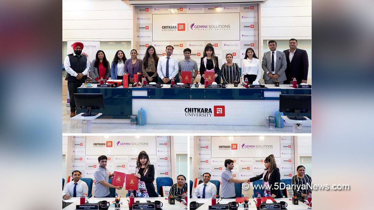 Chitkara University signs MoU with Gemini Solutions  Banur(Rajpura)  Chitkara University, Punjab, signed a Memorandum of Understanding (MoU) with Gemini Solutions here today and launched the Gemini Ambassador Program to provide the students with enhanced opportunities. The MoU will pave a path for collaboration and co-operation between the duos and promote more effective use of each of their resources.The formal signup was completed in presence of Soumendra Nath Ray, Vice President, Akshay Gupta