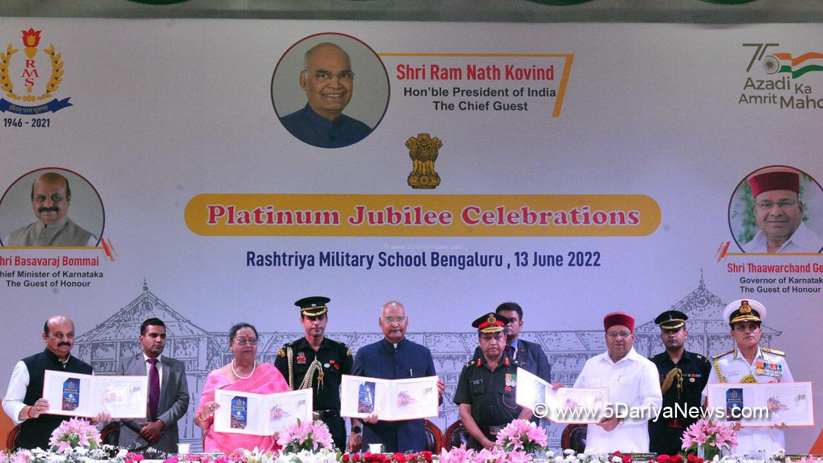 Ram Nath Kovind, President of India, President, Indian President, Rashtrapati, Platinum Jubilee Celebration of Rashtriya Militry School Bengaluru, Sheelam Param Bhushanam, Azadi ka Amrit Mahotsav, Karnataka, Andhra Pradesh, Kerala, Tamil Nadu and Puducherry, Basavaraj Bommai, Thaawar Chand Gehlot, Thawar Chand Gehlot, Union Minister for Social Justice and Empowerment