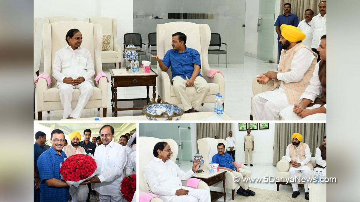 Arvind Kejriwal, Bhagwant Mann, AAP, Aam Aadmi Party, Sanjay Singh, Raghav Chadha, K Chandrashekar Rao, K. Chandrashekar Rao, Kalvakuntla Chandrashekhar Rao, Telangana Rashtra Samithi, TRS, Telangana, Hyderabad, KCR