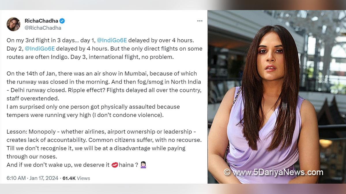 Bollywood, Richa Chadha Flight Delay, Richa Chadha News, Richa Chadha latest News, Richa Chadha Insta, Richa Chadha IndiGo, Richa Chadha IndiGo Flights, Richa Chadha IndiGo Flight