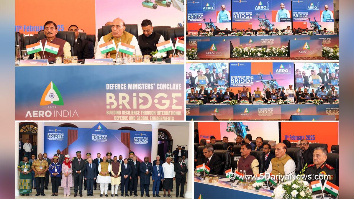 Rajnath Singh, Union Defence Minister, Defence Minister of India, BJP, Bharatiya Janata Party, Aero India, Aero India 2025, Bengaluru, Karnataka, Building Resilience through International Defence and Global Engagement, BRIDGE, Sanjay Seth, Chief of Defence Staff, General Anil Chauhan, Chief of the Naval Staff, Admiral Dinesh K Tripathi, Chief of the Army Staff, General Upendra Dwivedi, Chief of the Air Staff, Air Chief Marshal AP Singh, Defence Secretary, Rajesh Kumar Singh, Military