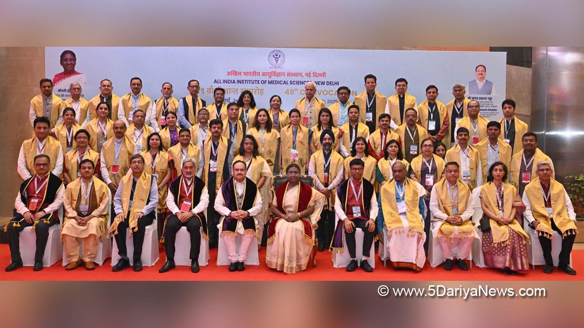 Droupadi Murmu, President of India, President, Indian President, Rashtrapati, AIIMS, AIIMS Convocation, Healthcare Excellence, Mental Health Awareness, Medical Education, Jagat Prakash Nadda, JP Nadda, BJP, Bharatiya Janata Party, 49th Annual Convocation Ceremony