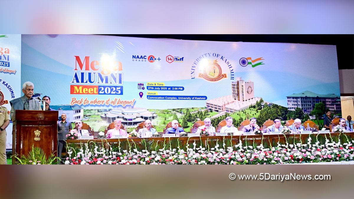 Manoj Sinha, Lieutenant Governor JK, Raj Bhavan, Jammu, Srinagar, Kashmir, Jammu And Kashmir, Kiren Rijiju, BJP, Bharatiya Janata Party, Union Minister of Law and Justice, Omar Abdullah, Chief Minister of JK, Jammu and Kashmir National Conference, National Conference, Mega Alumni Meet 2025, University of Kashmir