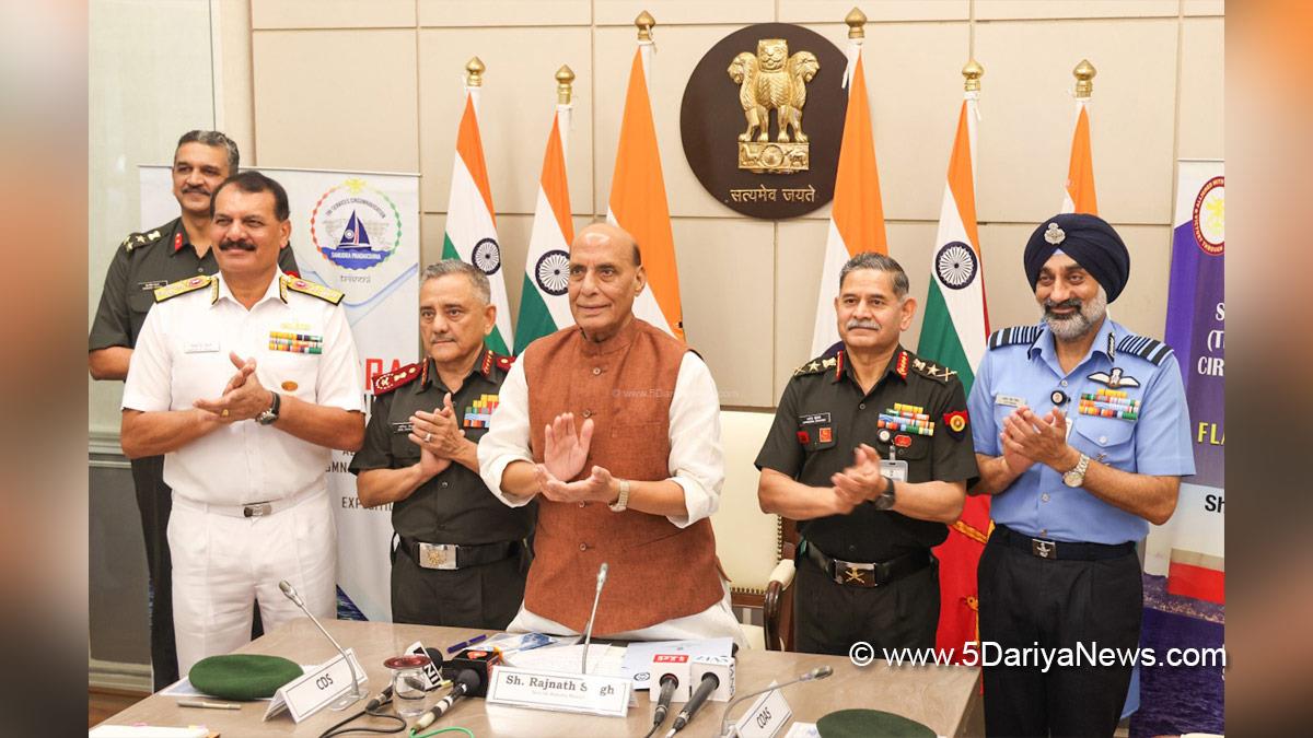 Rajnath Singh, Union Defence Minister, Defence Minister of India, BJP, Bharatiya Janata Party, Samudra Pradakshina, IASV Triveni, General Anil Chauhan, General Upendra Dwivedi, Admiral Dinesh K Tripathi, Air Chief Marshal Amar Preet Singh