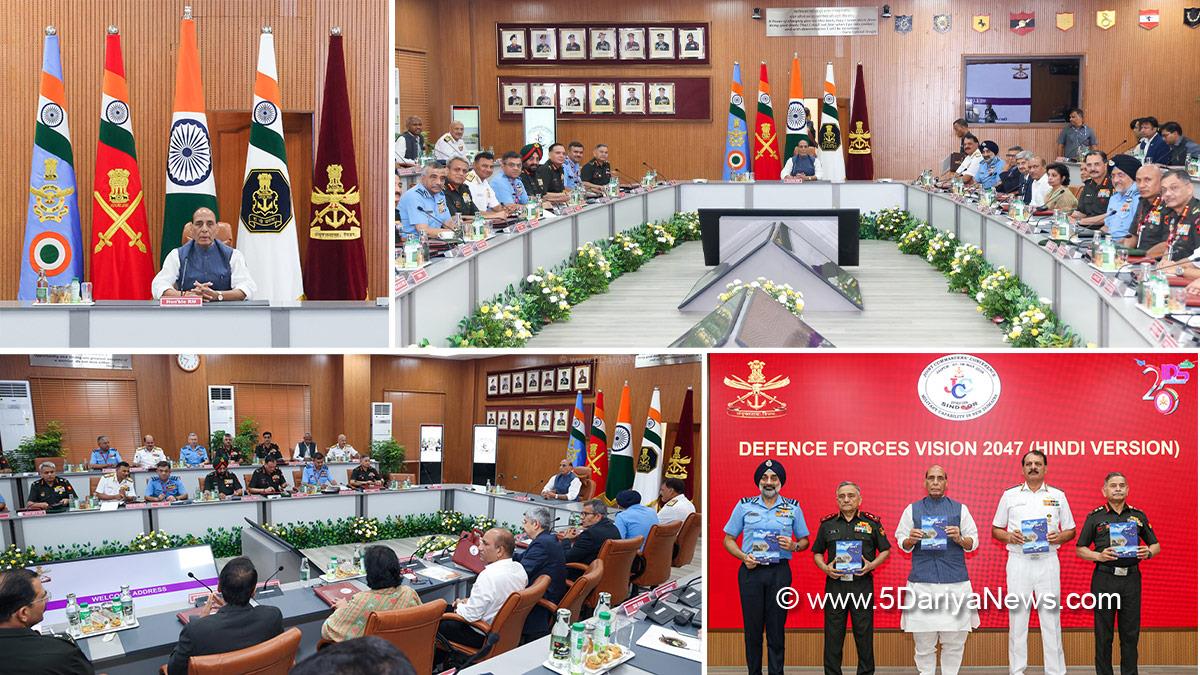 Rajnath Singh, Union Defence Minister, Defence Minister of India, BJP, Bharatiya Janata Party, Military, Indiam Army, General Anil Chauhan, Admiral Dinesh Kumar Tripathi, General Upendra Dwivedi, Air Chief Marshal AP Singh, Rajesh Kumar Singh, Joint Commanders Conference, Jaipur, Rajasthan