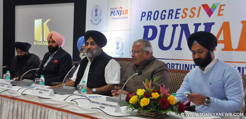 Punjab Deputy Chief Minister Sukhbir Singh Badal addressing the media regarding progressive Punjab investors summit at Chandigarh