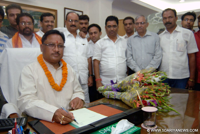 Vishnu Deo Sai taking charge as the Minister of State Labour and Employment, in New Delhi 