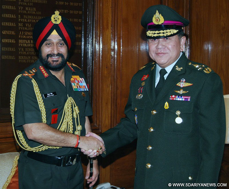 The Chief of Defence Force (CDF) Royal Thailand Armed Forces, General Tanasak Patimapragorn meeting the Chief of Army Staff, General Bikram Singh, in New Delhi on June 30, 2014.