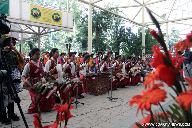 Students of TCV perform a cultural programme to mark the 79th birthday of the spiritual head of Tibetan Buddhists Dalai Lama at Tsugle Khang Temple of Mcledoganj in Himachal Pradesh
