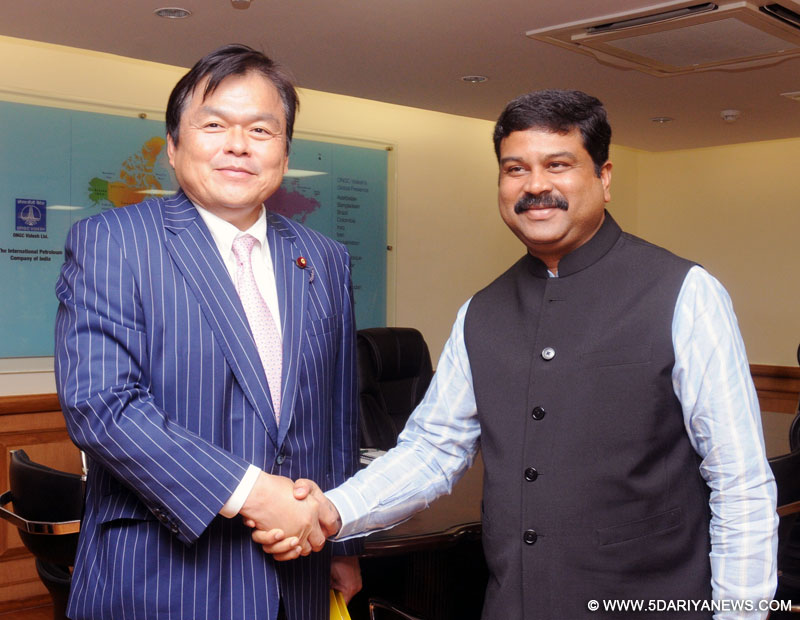 The State Minister of Economy, Trade and Industry of Japan, Kazuyoshi Akaba meting the Minister of State (Independent Charge) for Petroleum and Natural Gas, Dharmendra Pradhan, in New Delhi on July 31, 2014.