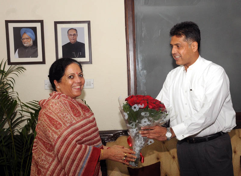 Mandi M P Pratibha Singh called on Manish Tiwari  union minister of state for information and broadcasting in  shastri bhawan new delhi