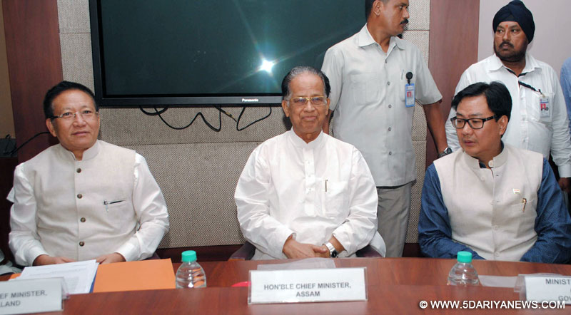 Nagaland Chief Minister T R Zeliang, Assam Chief Minister Tarun Gogoi and Union MoS Home Affairs Kiren Rijiju during a press conference after a tripartite meeting in Guwahati on Aug 21, 2014. 