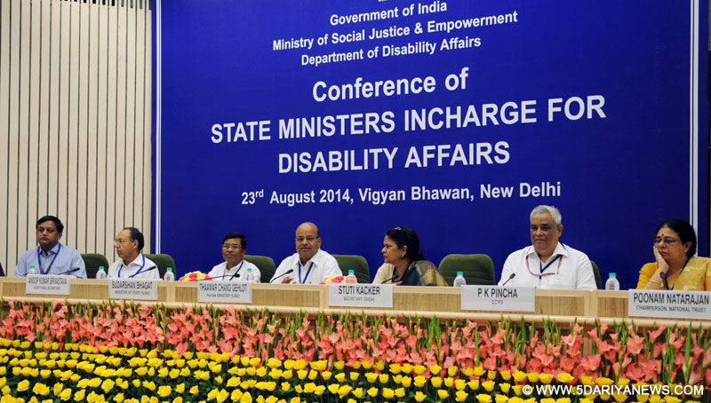 The Union Minister for Social Justice and Empowerment,Thaawar Chand Gehlot addressing the conference of the States Minsters of Welfare related to matters dealing with Persons with Disability, in New Delhi on August 23, 2014. The Minister of State for Social Justice and Empowerment, Sudarshan Bhagat is also seen.
