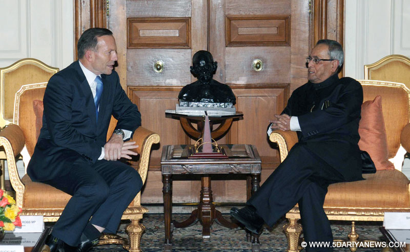 The Prime Minister of Australia, Tony Abbott calling on the President, Pranab Mukherjee, at Rashtrapati Bhavan, in New Delhi on September 05, 2014.