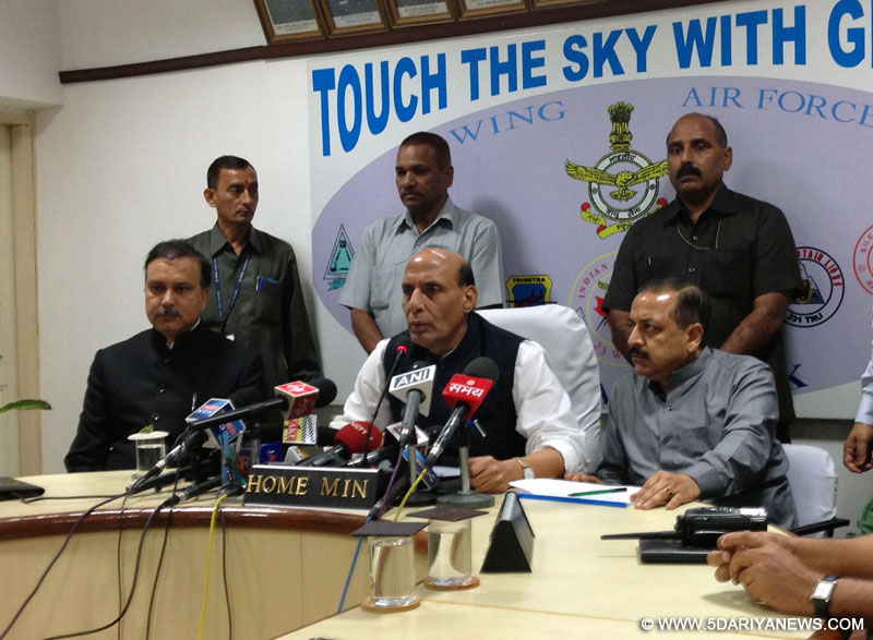 The Union Home Minister, Rajnath Singh addressing a press conference after making an Assessment of the flood Devastation in the state, in Jammu and Kashmir on September 06, 2014. 
