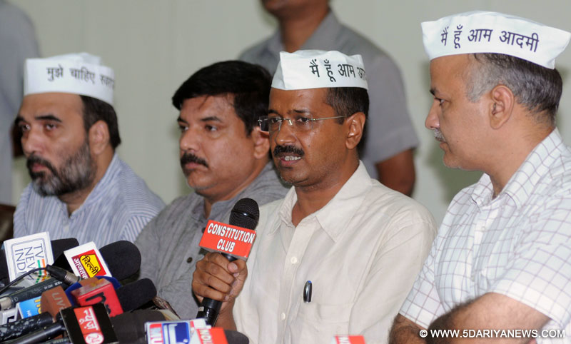 leaders Gopal Rai, Sanjay Singh, Arvind Kejriwal and Manish Sisodia during a press conference in New Delhi on Sept 8, 2014. 