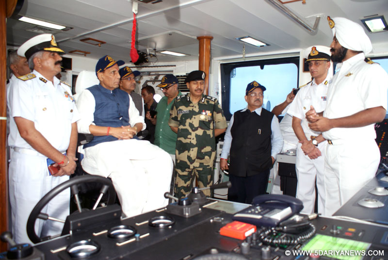 Rajnath Singh onboard Coast Guard offshore patrol vessel ICGS Vijit at Coast Guard, in Porbandar, Gujarat on on September 10, 2014.