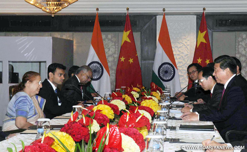 The Speaker, Lok Sabha, Sumitra Mahajan meeting the Chinese President,  Xi Jinping, in New Delhi on September 19, 2014.
