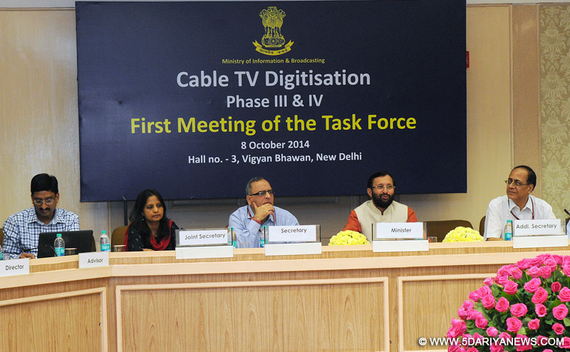 Prakash Javadekar chairing the First Meeting of the Task Force on Cable TV Digitisation, in New Delhi on October 08, 2014. 