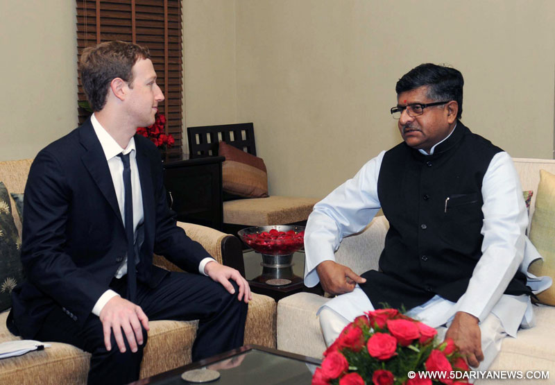 Mark Zuckerberg meeting the Union Minister for Communications & Information Technology and Law & Justice, Shri Ravi Shankar Prasad, in New Delhi 