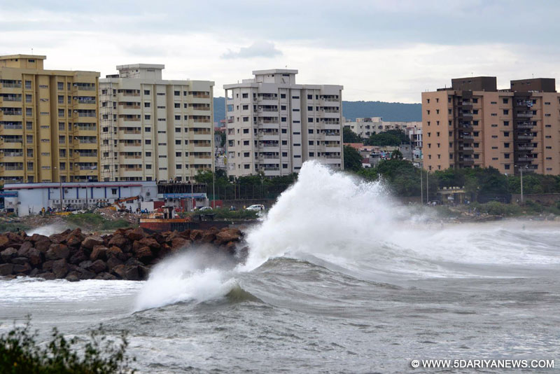 High tidal waves lash the Visakhapatnam coast during Cyclonic Storm `HudHud` in Visakhapatnam 
