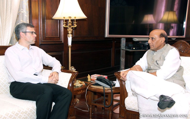 The Chief Minister of Jammu & Kashmir,  Omar Abdullah calling on the Union Home Minister, Rajnath Singh, in New Delhi on October 14, 2014.