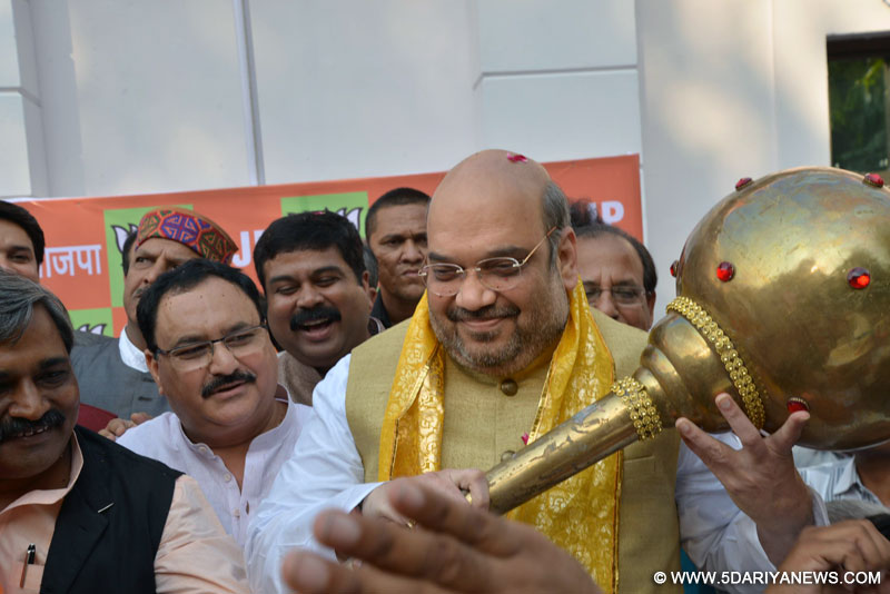 BJP chief Amit Shah during a press conference in New Delhi