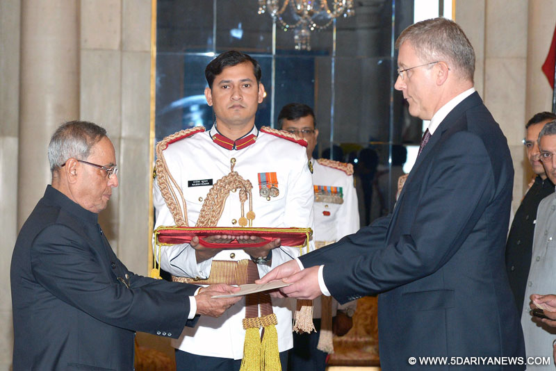 The Ambassador-designate of Latvia, Aivars Groza presenting his credential to the President, Pranab Mukherjee, at Rashtrapati Bhavan, in New Delhi on October 21, 2014. 