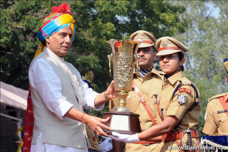 Rajnath Singh presenting the trophie during the IPS Probationers Investiture Ceremony, at the Sardar Vallabhbhai Patel National Police Academy, in Hyderabad on October 31, 2014. 